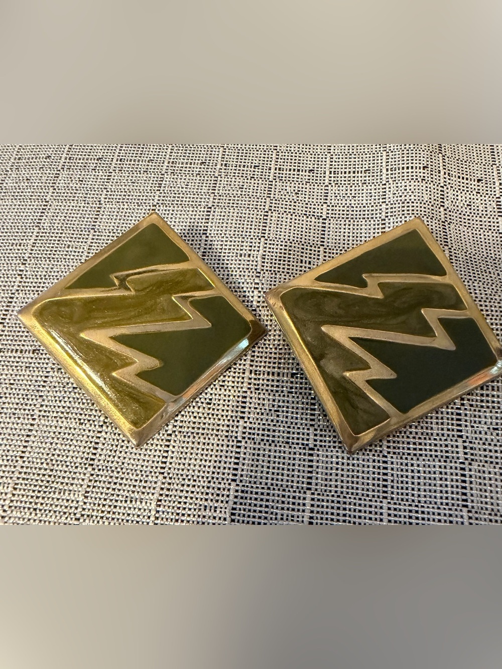 Vintage Green and Gold Geometric Ceramic Tiles - Pair